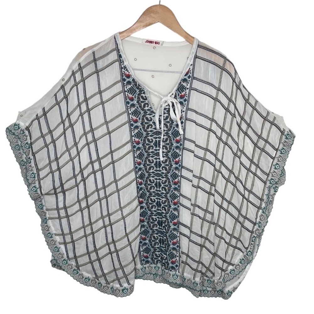 Johnny Was Cherpas White Embroidered Poncho Women Size M BLEMISH